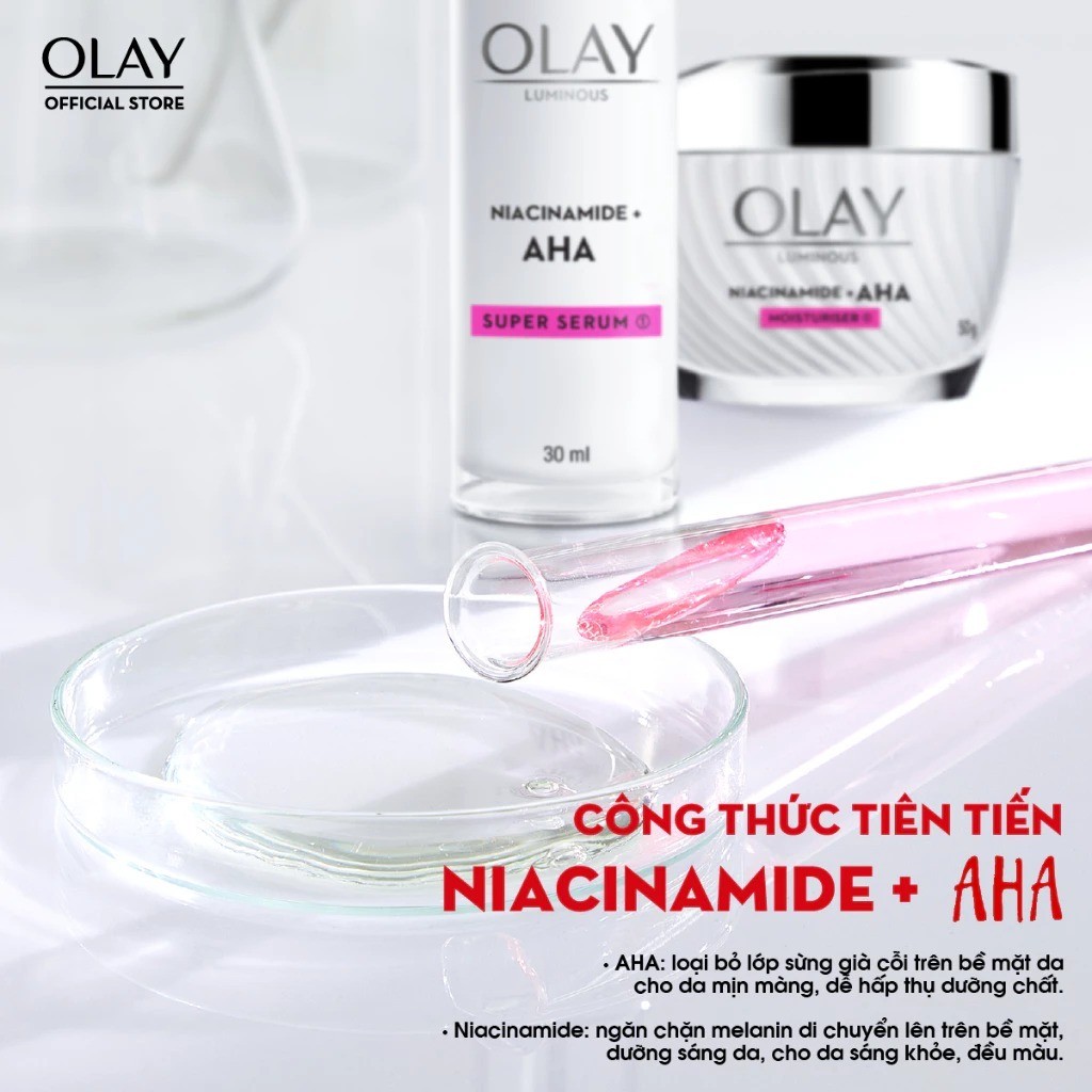 Kem Dưỡng Ẩm + Super Serum OLAY LUMINOUS NIACINAMIDE AHA Sáng Da, Mờ Thâm Mụn (50G + 30ML)