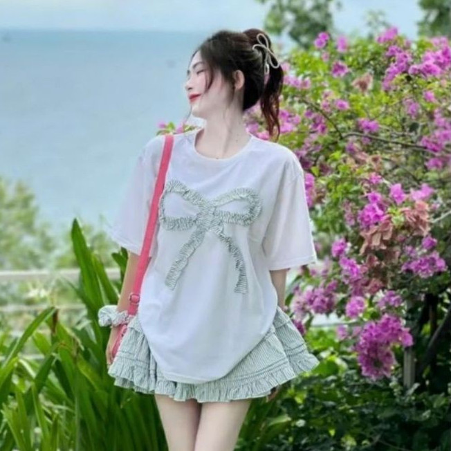 Set áo nơ váy sọc thời trang dành cho nữ bigsize form freesize - Emxinh Bs002 từ 50kg đến 90kg