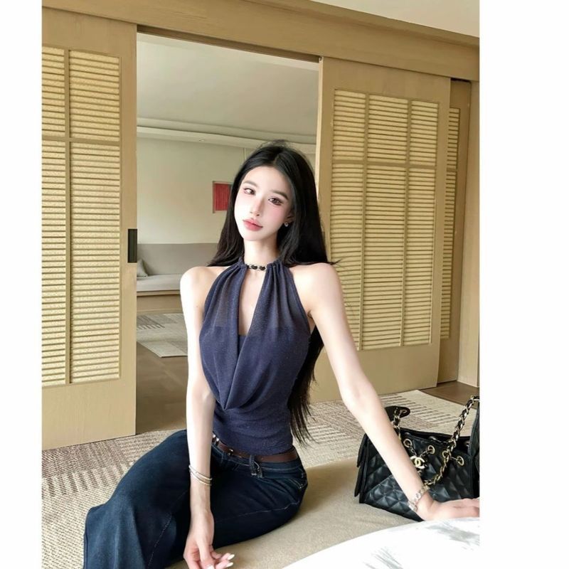 Táo khoẻ Áo Vest Trắng Xoay Cổ Dây Xích Mùa Hè Phong Cách Cao Cấp