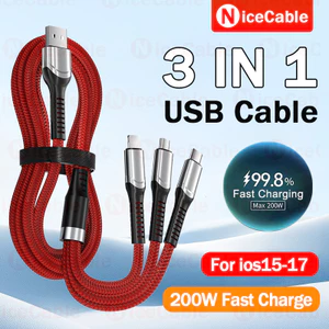 Cáp sạc điện thoại công suất cao 3 IN 1 USB sang IOS + Type C + Micro 200W 1.3M / 2M Lưới câu cá tùy chọn Dây dữ liệu dệt Hỗ trợ ios15-17