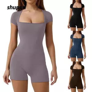 Bộ đồ tập SHUPUN - Áo liền quần ngắn tay màu trơn, cổ vuông co giãn, phù hợp yoga và tập thể dục