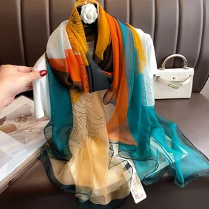 Mới! Khăn lụa sợi mềm dài họa tiết sọc, chống nắng mùa hè, thời trang