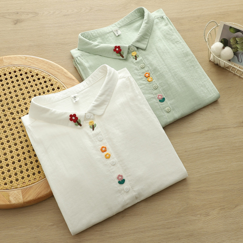 Sơ mi nữ cotton chất lượng cao, mori placket, thêu nhỏ, phù hợp cho ngày thường