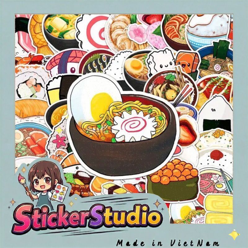 60 sticker món ăn nhật bản, sushi, sashimi, cơm cuộn hấp dẫn  trang trí sổ tay note book laptop mũ bảo hiểm chống nước