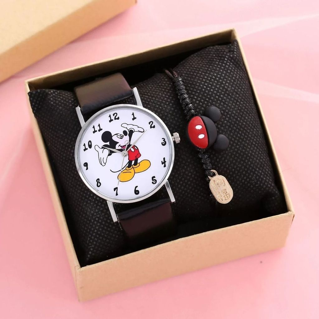 [Đồng hồ trẻ em] Đồng hồ trẻ em Phiên bản Hàn Quốc dành cho học sinh Phong cách mới dễ thương Bề mặt kỹ thuật số đơn giản Họa tiết hoạt hình Vòng tay Mickey Đồng hồ hai mảnh 260419