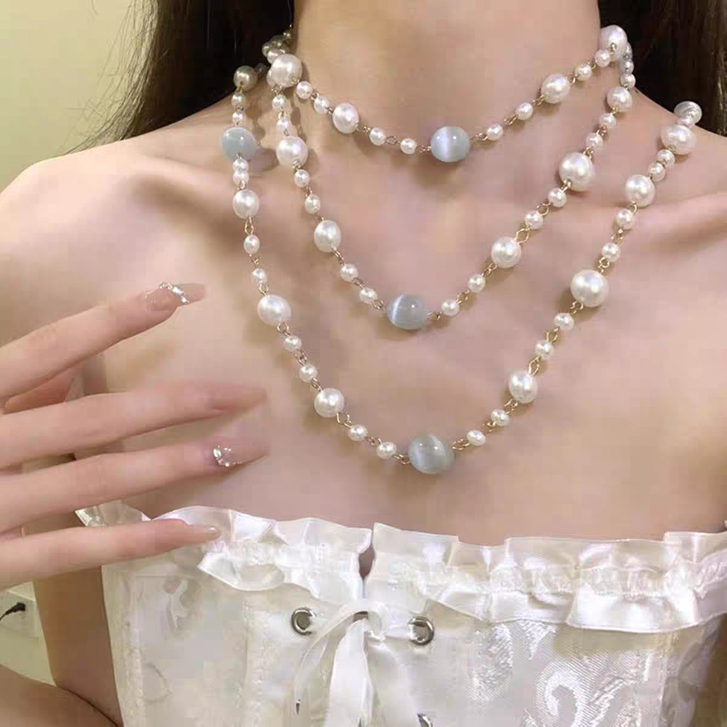 Vòng cổ ngọc trai mắt mèo kiểu Pháp - phụ kiện thời trang cao cấp dành cho nữ