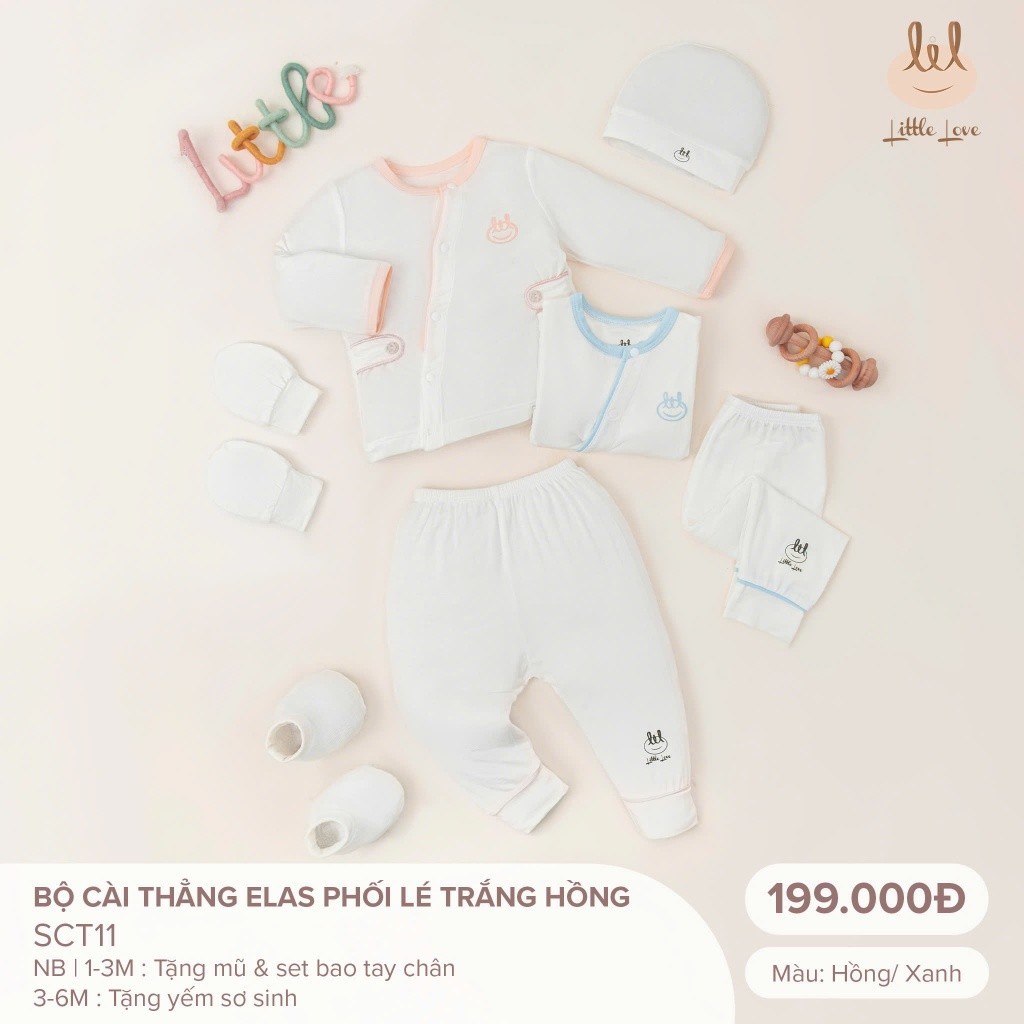 Bộ Sơ sinh cài thẳng [ Vải Elas mềm mịn mát, co dãn tốt ]Lil Little Love (SCT11) tặng kèm sét mũ, bao tay chân Hoặc yếm