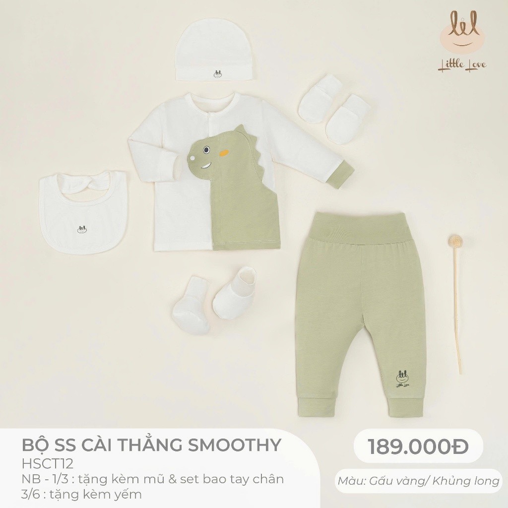 Bộ Sơ Sinh cài thẳng dài tay chất liệu smoothycho bé từ 0-6 tháng (HSCT12) tặng kèm mũ, sét bao tay chân hoặc yếm
