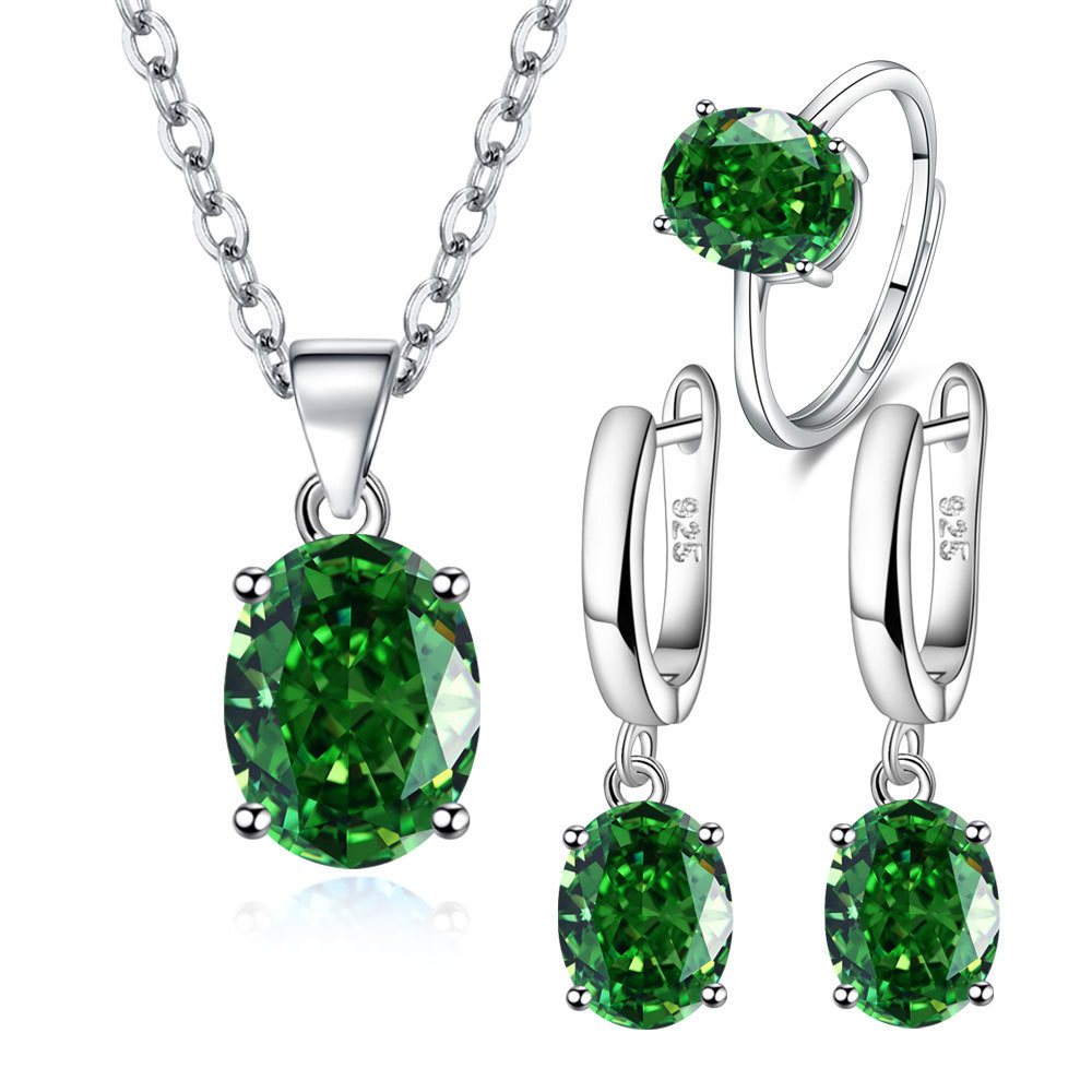 Bộ trang sức bạc 925 nữ với thiết kếellipse zircon, gồm vòng cổ và bông tai sang trọng