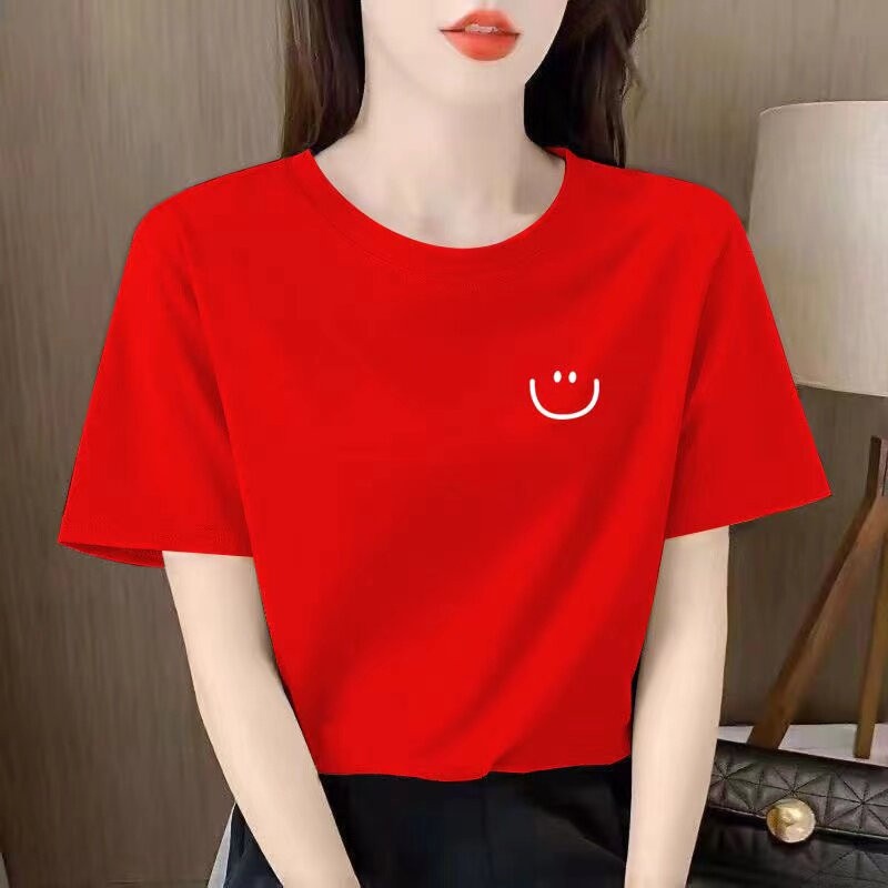 Áo thun nữ in hình biểu tượng cảm xúc đơn giản, kiểu dáng công sở tối giản, đa năng.