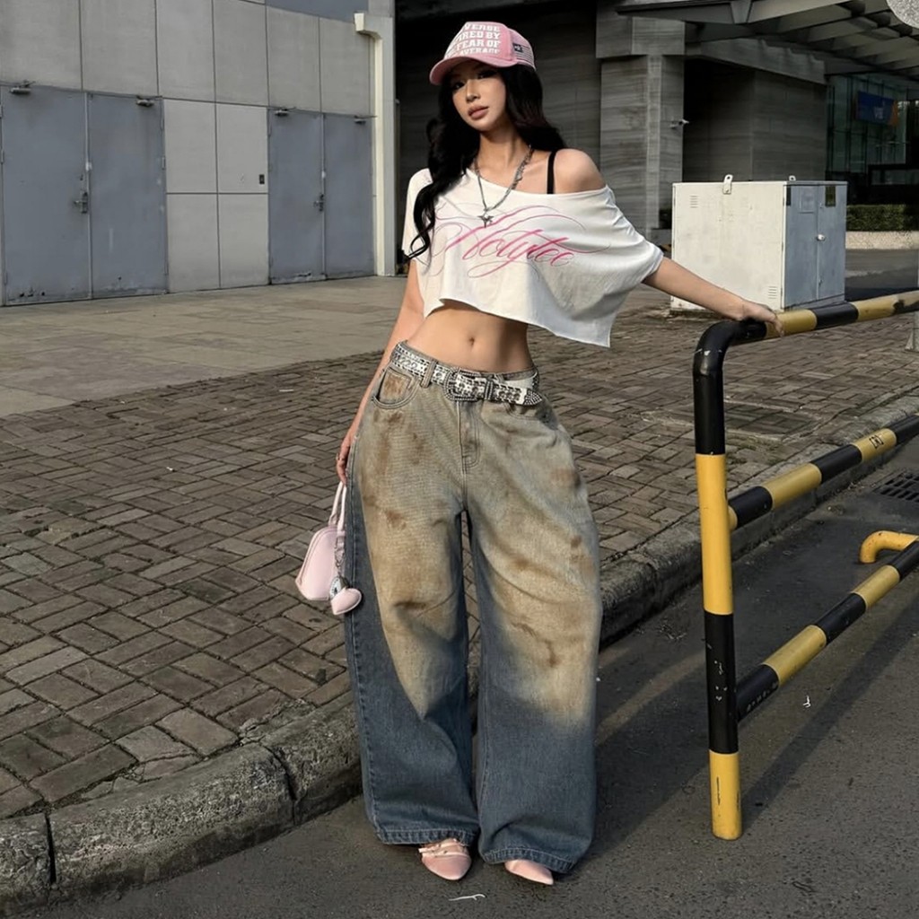 Klalien Xu Hướng In Chữ Áo Thun Nữ Cổ Xiên Cổ Tay Ngắn Chắp Vá Hottie Dạo Phố Đơn Giản Hàng Ngày Crop Tee