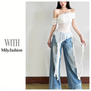 Milyfashion Pure Desire - Áo sơ mi vuông vai, tay ngắn, thiết kế thanh mảnh và hơi trong suốt