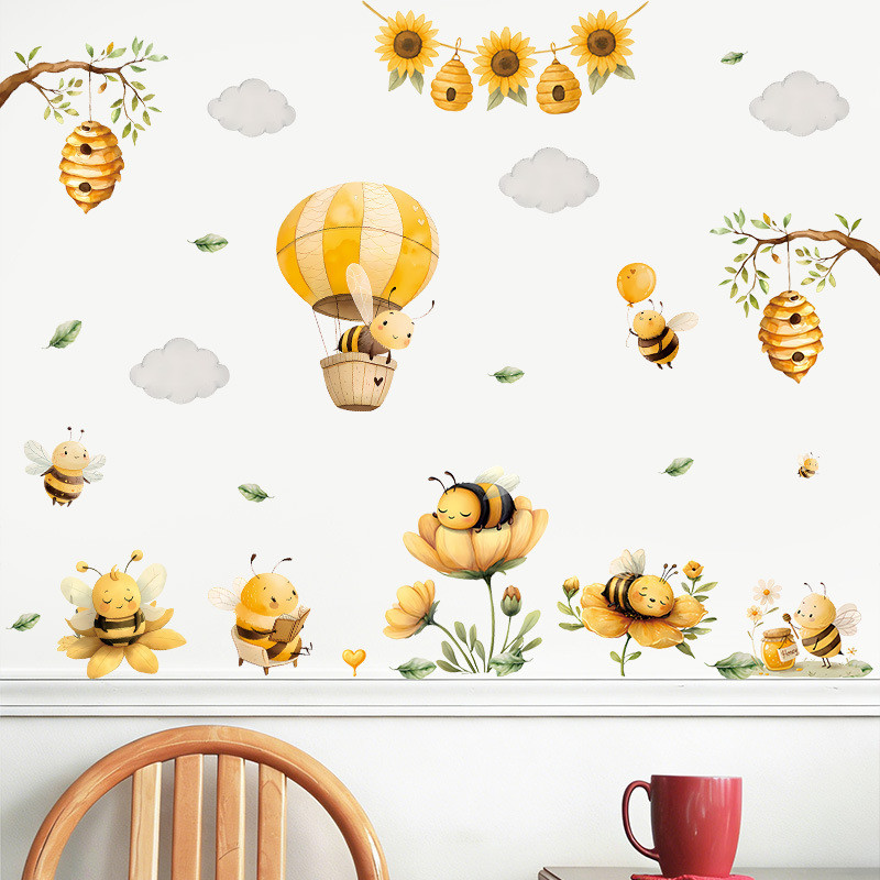 Nhãn dán tường hình ong & hoa hướng dương hoạt hình, đề can tự dính PVC cho phòng trẻ em & trang trí mùa xuân mẫu giáo
