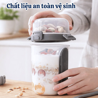 Cốc Đựng Yến Mạch Ngũ Cốc 2 Ngăn 500ML, Hũ Đựng Ngũ Cốc Có Nắp Chống Tràn Kèm Muỗng Mang Đi Tiện Lợi
