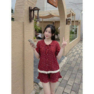 Bộ Đồ Ngủ Nữ Pijama Mặc Nhà Cổ Sen Ren Trắng Chất Đũi Vân Mây Siêu Xinh Dễ Thương,Set Đồ Bộ