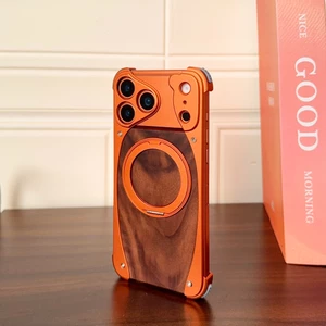 Vỏ điện thoại kim loại không khung gỗ óc chó 360° xoay cho iPhone 17/16/15/14 Pro Max, nam châm