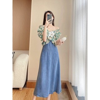 Váy denim dáng ôm, cổ trễ vai, eo cao, dáng chữ A, mỏng nhẹ, phong cách vintage mùa hè cho Nữ