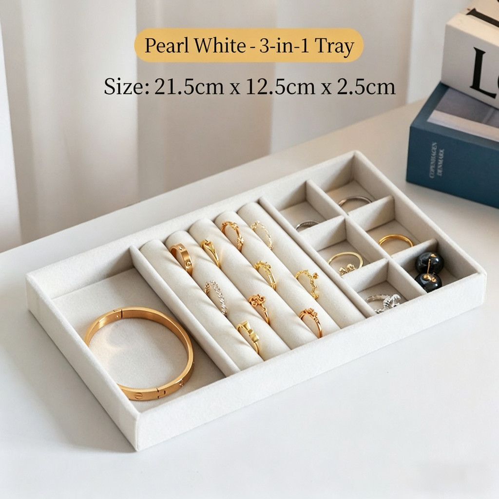 Hộp đựng đồ trang sức nhung Hộp sắp xếp ngăn kéo có thể xếp chồng lên nhau cho nhẫn, bông tai, dây chuyền & vòng tay | Khay đựng đồ trang sức lót mềm màu be cho tủ quần áo & Vanity