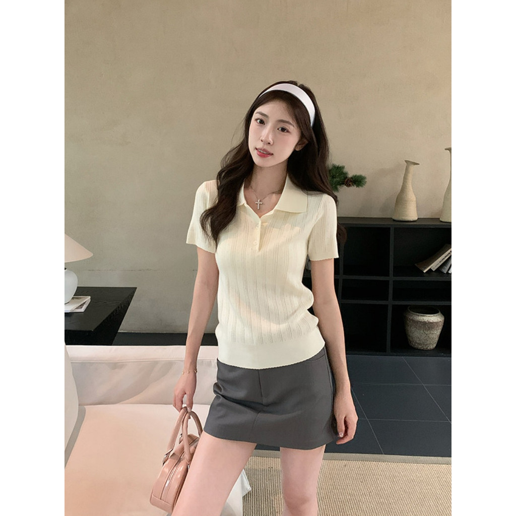 SUXI Áo thun ngắn tay cổ Polo dệt kim nhẹ nhàng dành cho nữ 260410