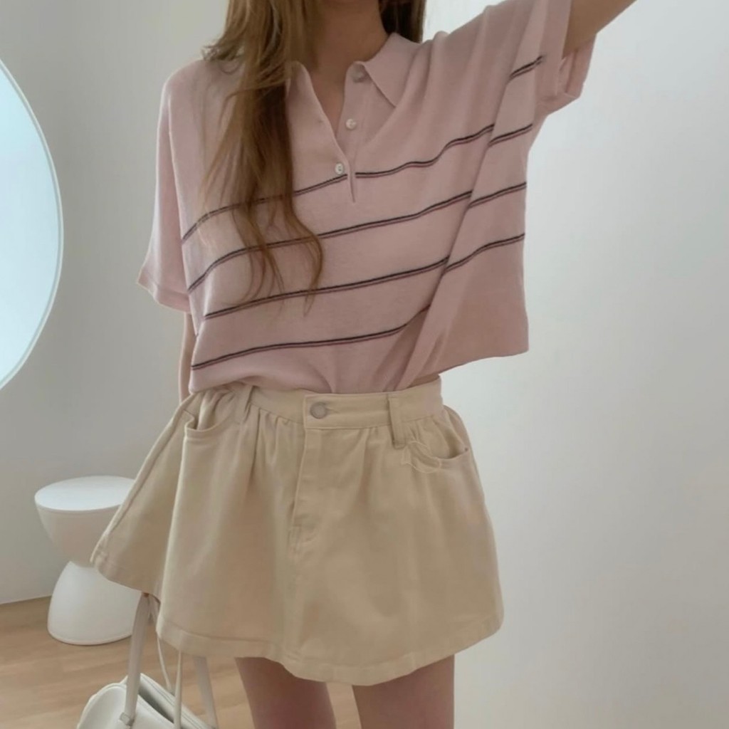 SUXI Áo dệt kim ngắn tay sọc nhẹ nhàng, phù hợp mùa hè 260411
