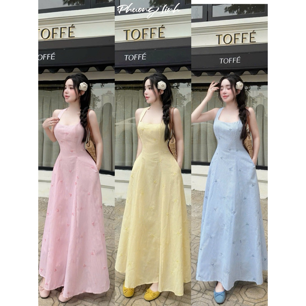 ĐẦM KẺ THÊU NƠ DÂY ĐAN CHÉO LƯNG MAXI  BYJOLIE