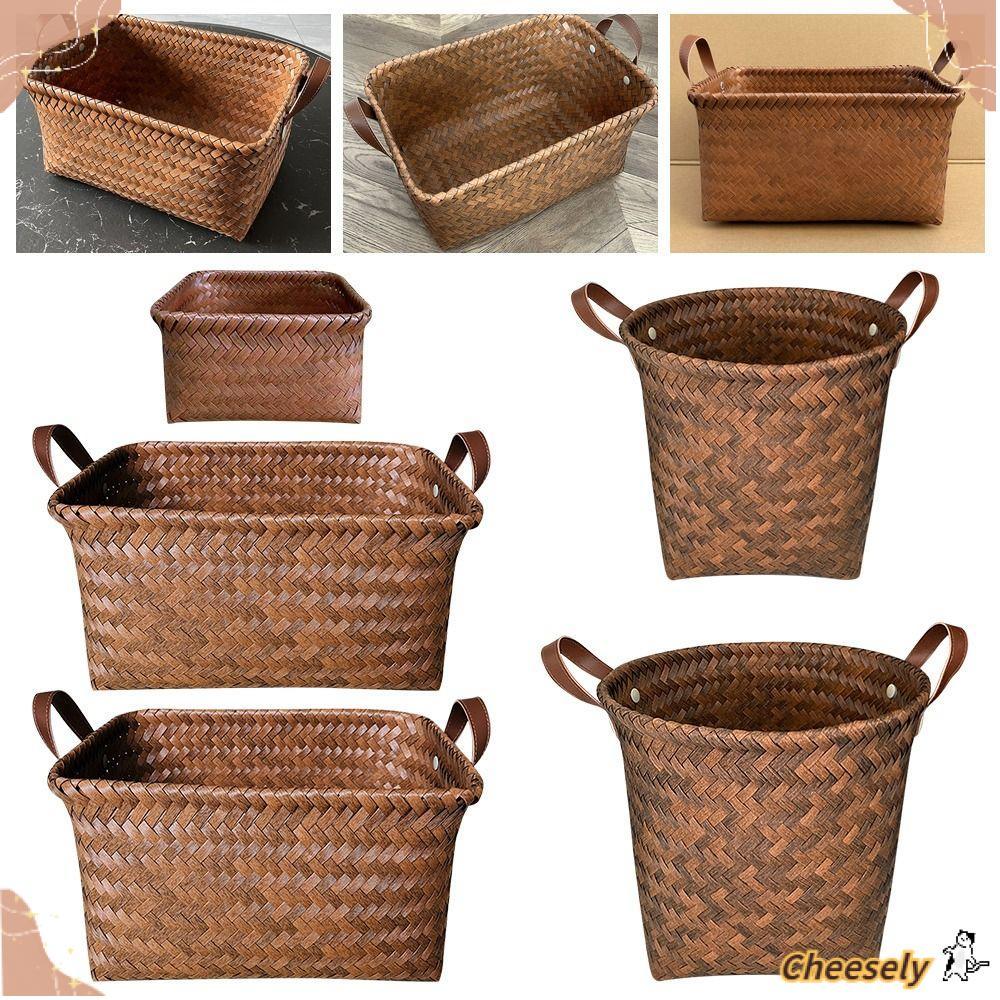 Giỏ đựng đồ lặt vặt có tay cầm Giỏ đựng đồ dệt giả hình chữ nhật màu nâu tiện lợi Giỏ đựng quần áo bẩn tròn lưu trữ tại nhà