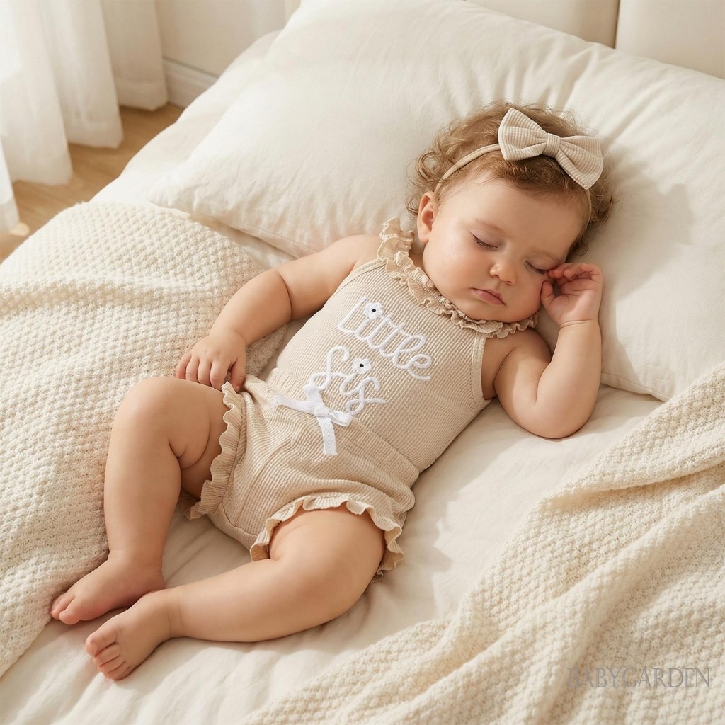 Bộ áo liền quần thêu chữ không tay cho bé gái mùa hè + quần short + băng đô