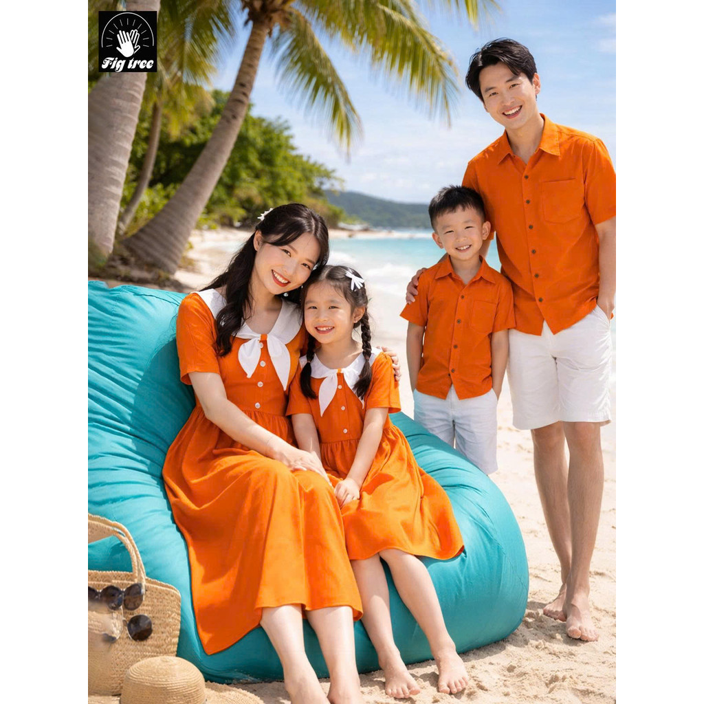 Đồng Phục Gia Đình Fig Tree Màu Cam Đũi, Áo Sơ Mi Nam Đầm Nữ Trendy Đi Biển, Du Lịch Nổi Bật
