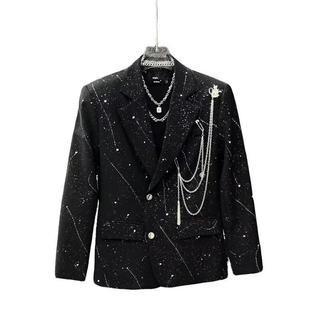 Áo vest blazer nam đen in sao có dây chuỗi trang trí, áo khoác phong cách Hàn y2k cá tính hàng ngày