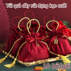 Túi Lụa Đỏ dây rút, Bộ 10 cái,16x17cm,đa dạng mẫu mã, phù hợp lễ cưới. Túi đựng kẹo quà, satin nhung
