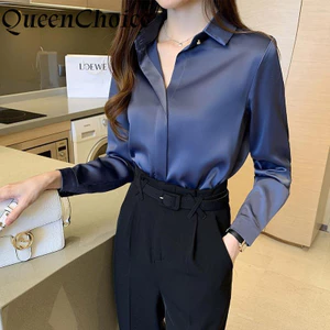 Áo sơ mi nữ satin màu xanh trơn, dáng rộng phù hợp công sở