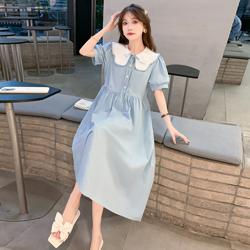 Váy bà bầu mùa hè dáng rộng cổ búp bê ngắn tay Váy dài