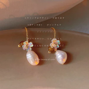 Trang sức ngọc trai nước ngọt Baroque, thiết kế tinh tế kiểu Pháp, bông tai hoa sáng tạo