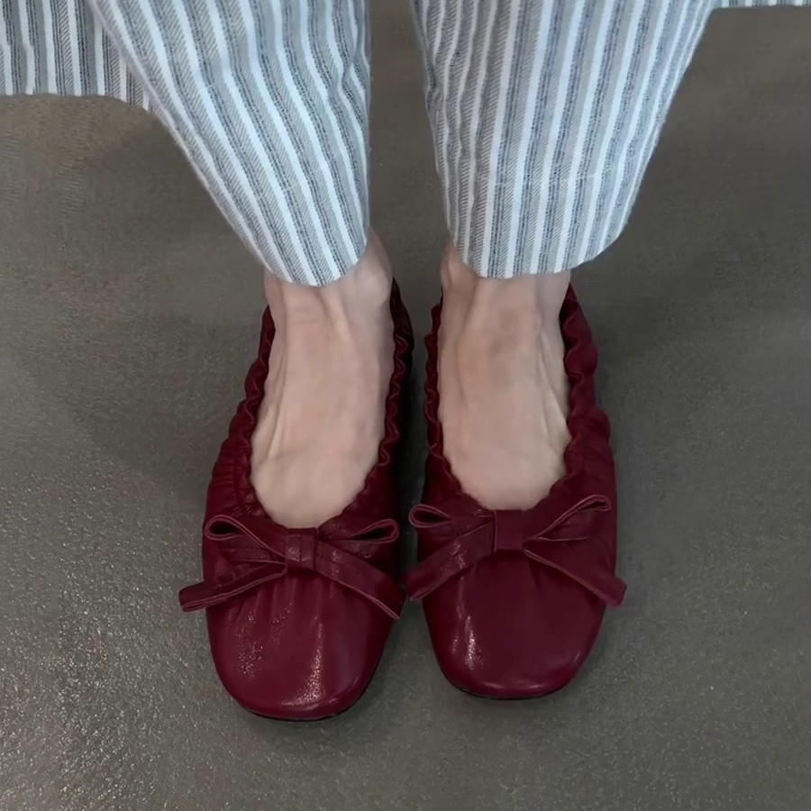 3 Màu Size Lớn 35-40 Phiên Bản Da Cừu ~ Retro Xếp Ly Nơ Giày Ba Lê Slip-On Giày Đế Bằng Nữ Đi Lại Sang Trọng Nông Miệng Giày B0B8