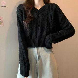 Áo len nữ retro cổ chữ V tay dài, phù hợp ngày thường, chất liệu dệt kim xoắn mới