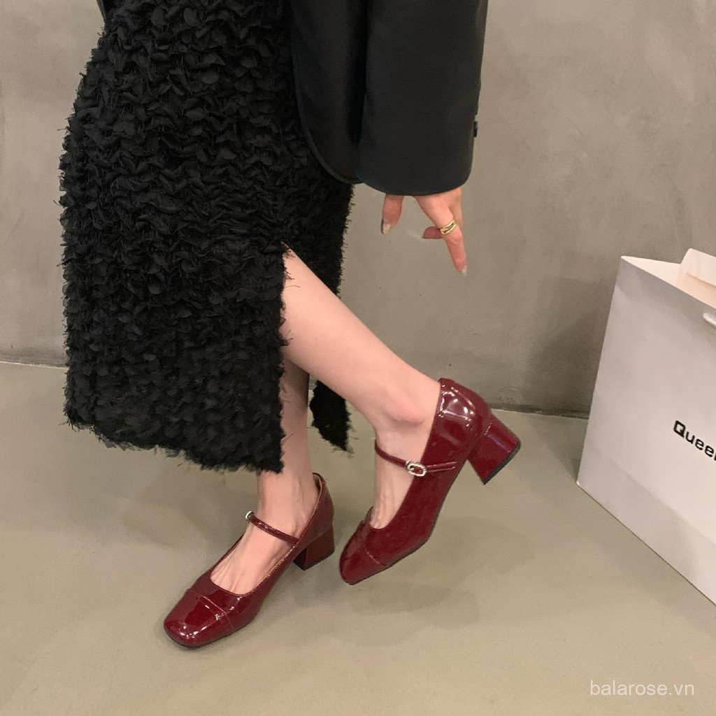 Chunky Gót Đỏ Khỏa Thân Giày Nữ 2023 Mùa Hè Mới Giữa Cao Gót Bạc Mary Jane Với Váy Ballet Dép Thuyền Giày