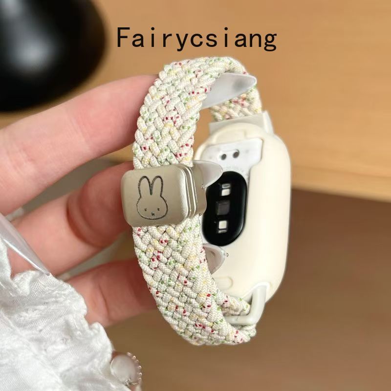 Dây đeo bện từ tính hình thỏ nhỏ dễ thương cho Xiaomi Mi Band 10 9 8 Nfc Phụ kiện dây đai vòng tay Nylon thoáng khí