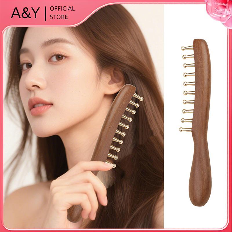 Lược mát xa bằng đồng & gỗ 10 tầng A & Y dành cho kinh tuyến và thư giãn Gỗ đàn hương vàng cạo Guasha Tay cầm dài.