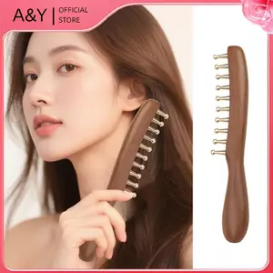 Lược mát xa bằng đồng & gỗ 10 tầng A & Y dành cho kinh tuyến và thư giãn Gỗ đàn hương vàng cạo Guasha Tay cầm dài.