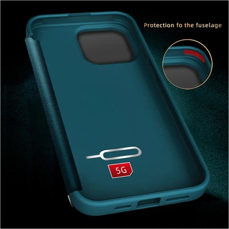 View Window Plain Flip Leather Phone Case cho Iphone 17 16 Pro Max 14 15 16 Plus 13 12 11 Pro Vỏ bảo vệ toàn diện KickStand Cover