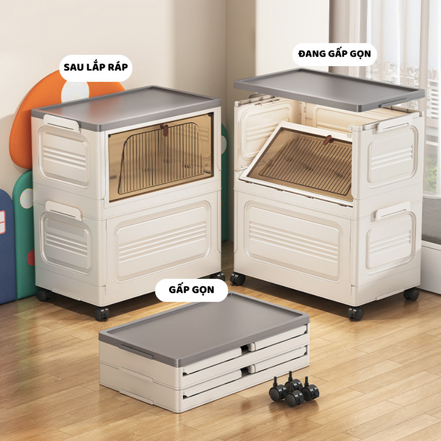 Hộp Nhựa Gấp Gọn Đựng Đa Năng ENODA HOME, Thùng Đựng Đồ Chơi Cho Bé Cửa Trong Suốt Có Bánh Xe Tiện Lợi Q043