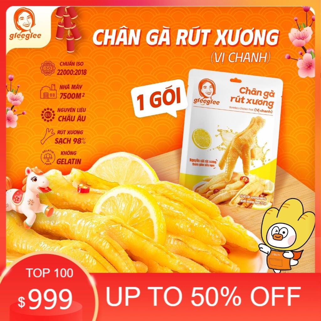 Combo Chân Gà Rút Xương GleeGlee Vị CHANH 72g, Sạch Xương >98%, Ăn Liền Tiện Lợi, Chuẩn ISO 22000