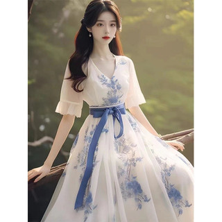 Váy trà hoa phong cách Pháp dành cho nữ, kiểu dáng cổ điển mới, tinh tế, tôn dáng eo, cổ chữ V, váy dài vừa