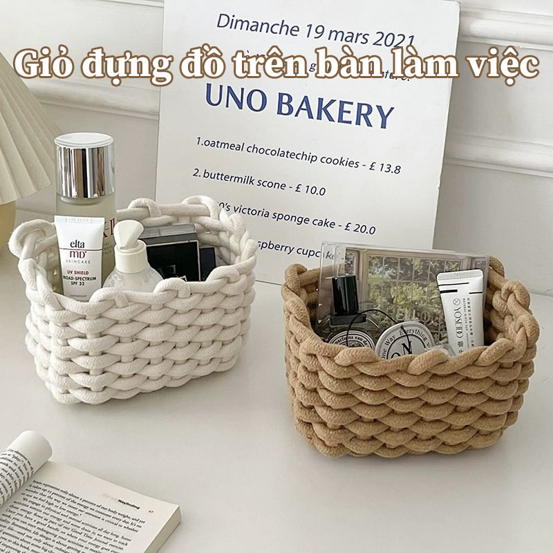 Giỏ Dây Cotton Dệt Phong Cách Ins - Giỏ Mây Đựng Mỹ Phẩm, Đồ Lặt Vật Để Bàn, Trang Trí Lối Vào & Cạnh Giường