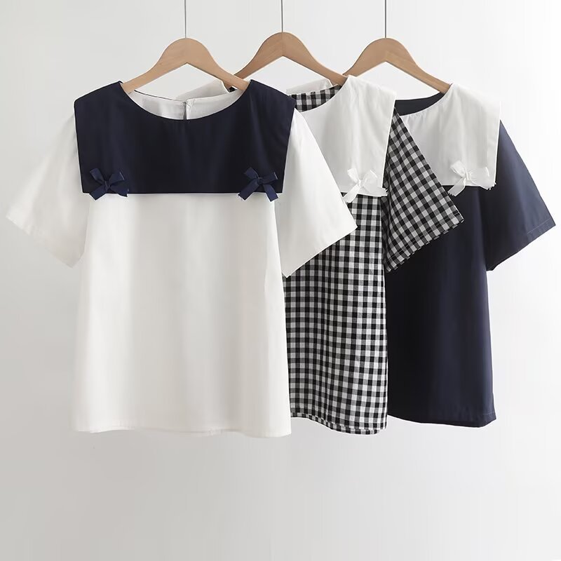 [Sẵn Sàng] Áo Sơ Mi Nữ Tay Ngắn Mùa Hè, Sợi Cotton Cao Cấp, Cổ Hải Quân Thắt Nơ