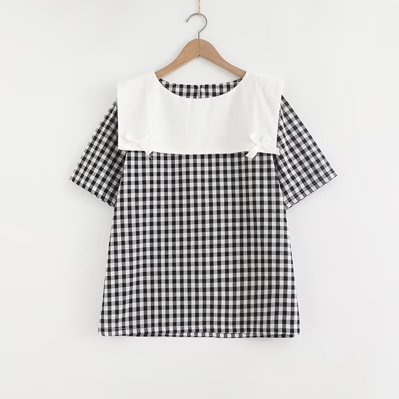 [Sẵn Sàng] Áo Sơ Mi Nữ Tay Ngắn Mùa Hè, Sợi Cotton Cao Cấp, Cổ Hải Quân Thắt Nơ
