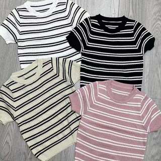 Nova-Áo dệt kim cổ tròn sọc mùa xuân hè thông thường dành cho nữ