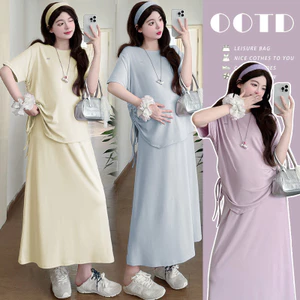Bộ đồ bà bầu mùa hè màu trơn với áo thun dây rút và váy nút mũi lợn