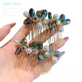 Mới! Lược phụ kiện tóc cô dâu màu xanh kim cương giả ngọc trai, phong cách Trung Quốc