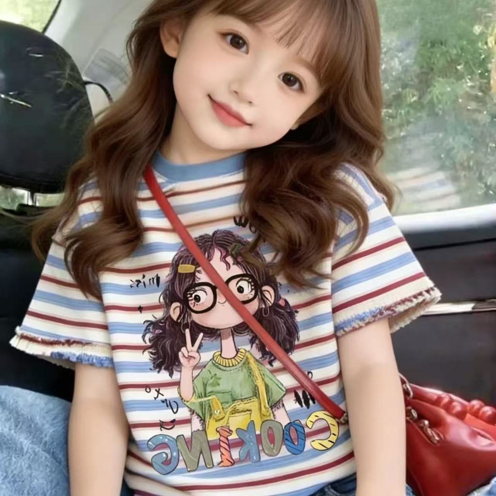 Áo thun sọc hoạt hình bé gái Mùa hè Phong cách mới Phong cách mỏng Áo thời trang 80-160 Size JZK